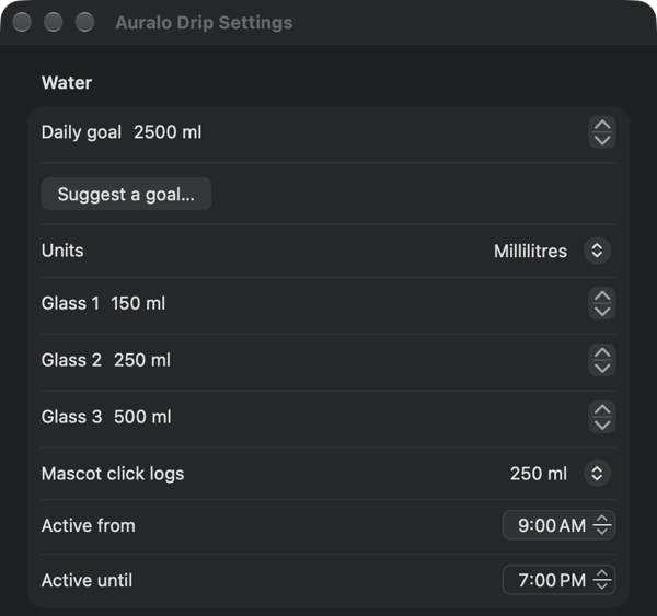 Settings: daily goal, Suggest a goal, units, glass sizes, active hours and break timing.